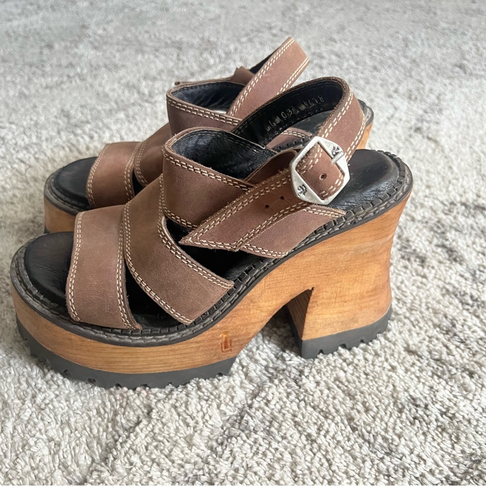 Leather Platform Sandals - Brown Women’s Heels - Picture 2 of 6